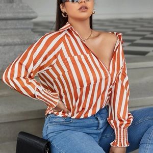 Shein Never Worn Womens Orange White Stripe Button Down Drop Shoulder Size 14/1X